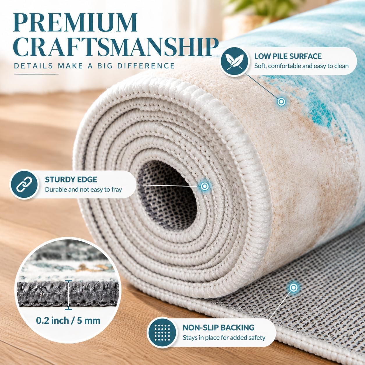 2x3ft Small Rug Runner Rug Non Slip Washable Kitchen Beach Pattern Runner Rug with Rubber Backing,Low-Pile Soft Indoor Door mats Washable Runner Rugs for Hallway Entryway Kitchen - Image 2