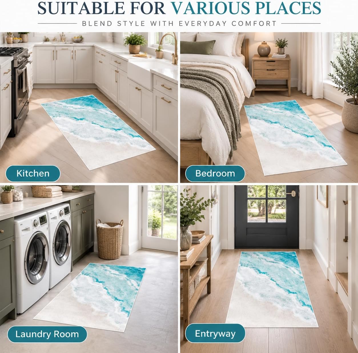 2x3ft Small Rug Runner Rug Non Slip Washable Kitchen Beach Pattern Runner Rug with Rubber Backing,Low-Pile Soft Indoor Door mats Washable Runner Rugs for Hallway Entryway Kitchen - Image 5