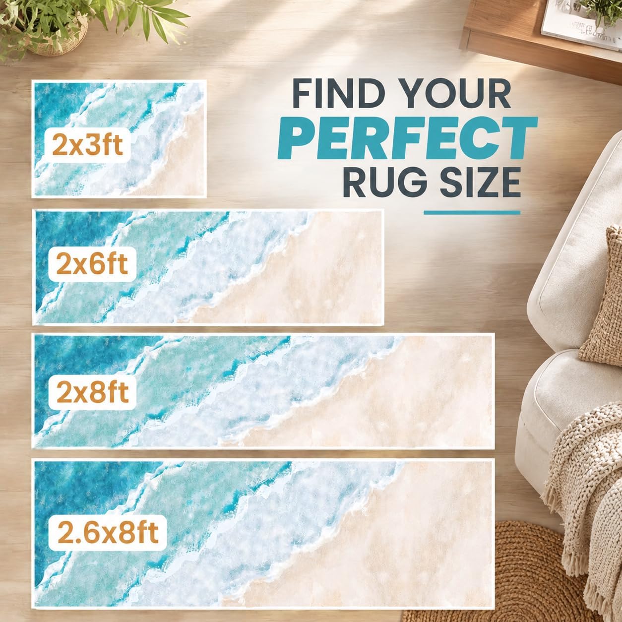2x3ft Small Rug Runner Rug Non Slip Washable Kitchen Beach Pattern Runner Rug with Rubber Backing,Low-Pile Soft Indoor Door mats Washable Runner Rugs for Hallway Entryway Kitchen - Image 6