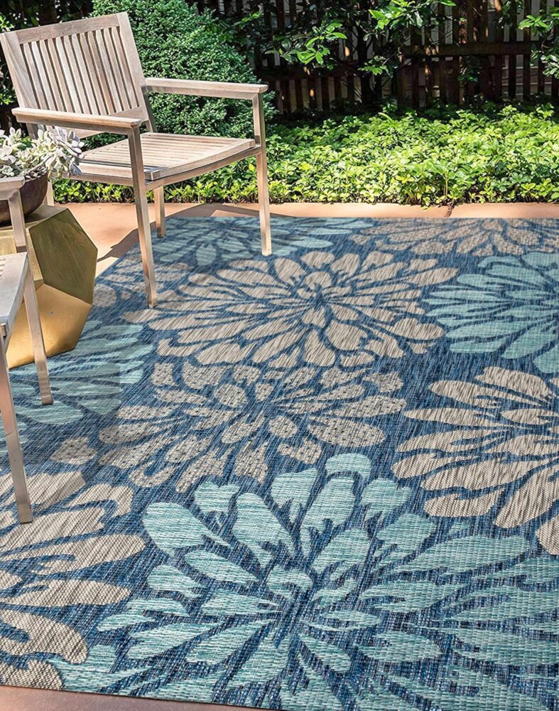 JONATHAN Y Floral Textured Weave Indoor Outdoor Area Rug 4X6 Navy/Aqua, Zinnia Modern for Backyard, Patio, Porch, Easy-Cleaning, High Traffic, Pet-Friendly, Non-Shedding (SMB110C-4)