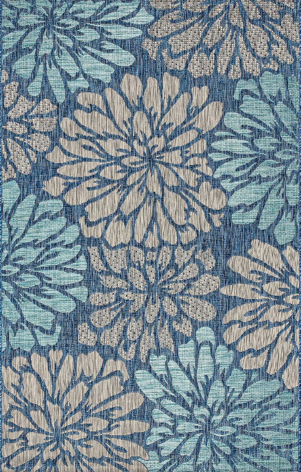 JONATHAN Y Floral Textured Weave Indoor Outdoor Area Rug 4X6 Navy/Aqua, Zinnia Modern for Backyard, Patio, Porch, Easy-Cleaning, High Traffic, Pet-Friendly, Non-Shedding (SMB110C-4) - Image 2