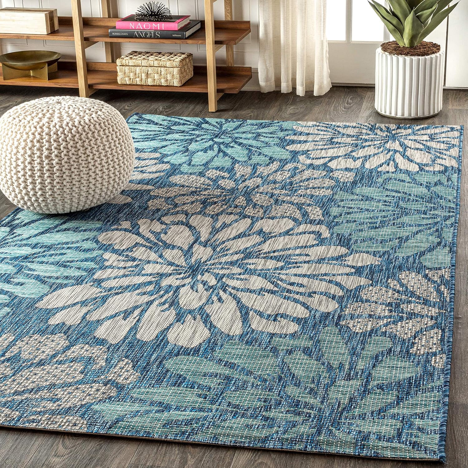 JONATHAN Y Floral Textured Weave Indoor Outdoor Area Rug 4X6 Navy/Aqua, Zinnia Modern for Backyard, Patio, Porch, Easy-Cleaning, High Traffic, Pet-Friendly, Non-Shedding (SMB110C-4) - Image 3