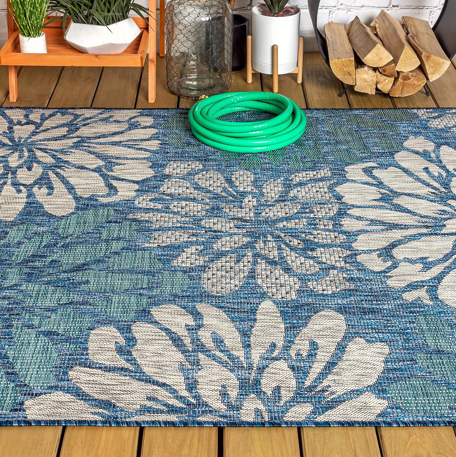 JONATHAN Y Floral Textured Weave Indoor Outdoor Area Rug 4X6 Navy/Aqua, Zinnia Modern for Backyard, Patio, Porch, Easy-Cleaning, High Traffic, Pet-Friendly, Non-Shedding (SMB110C-4) - Image 10