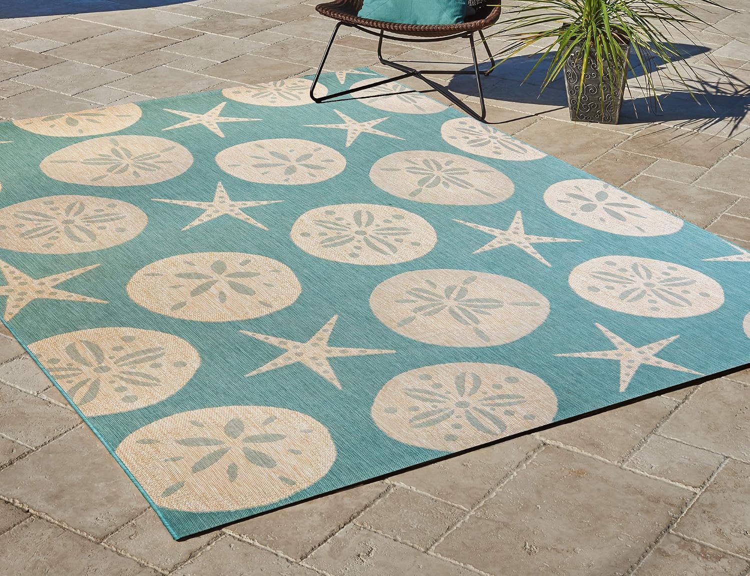 Gertmenian Indoor Outdoor Area Rug, Classic Flatweave, Washable, Stain & UV Resistant Carpet, Deck, Patio, Poolside & Mudroom, 5x7 Ft Standard, Sand Dollar Starfish, Oasis Green - Image 2
