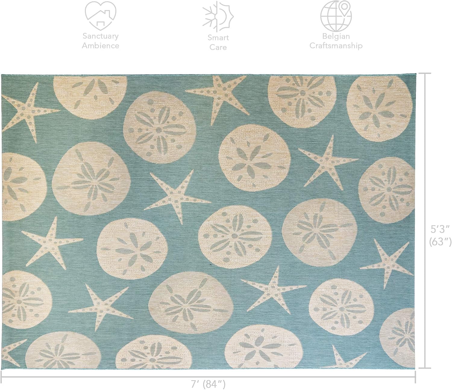 Gertmenian Indoor Outdoor Area Rug, Classic Flatweave, Washable, Stain & UV Resistant Carpet, Deck, Patio, Poolside & Mudroom, 5x7 Ft Standard, Sand Dollar Starfish, Oasis Green - Image 3