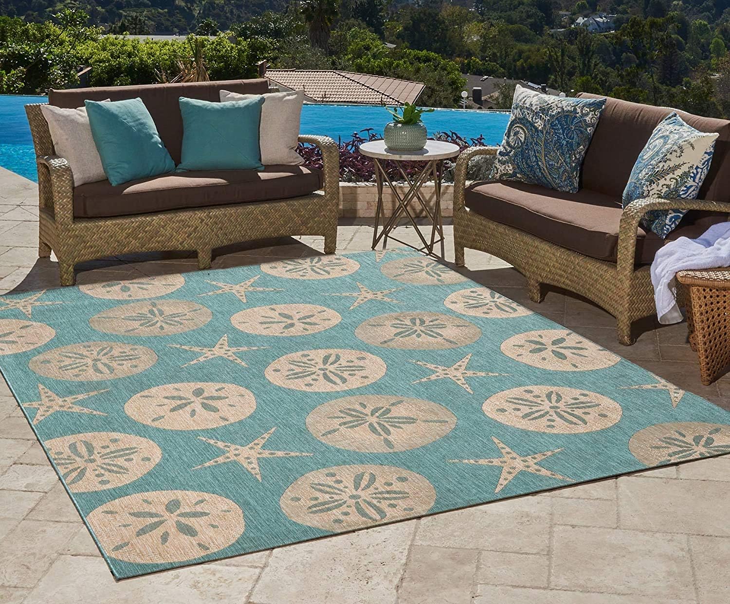 Gertmenian Indoor Outdoor Area Rug, Classic Flatweave, Washable, Stain & UV Resistant Carpet, Deck, Patio, Poolside & Mudroom, 5x7 Ft Standard, Sand Dollar Starfish, Oasis Green - Image 6