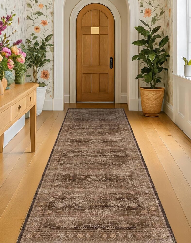 Brown Washable Long Runners for Hallways, 2'6"x8' Wide Kitchen Runner Rug, Entryway Indoor Rug, Non Slip Rubber Backing Boho Vintage Dark Floor Decor